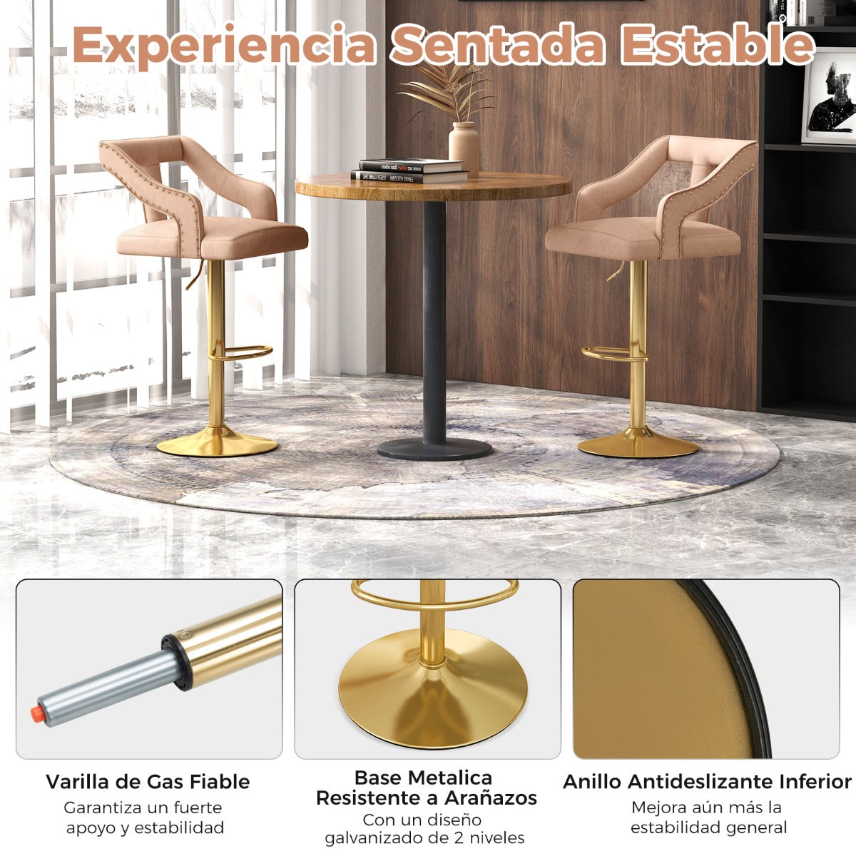 Juego de 2 Sillas de Bar Taburete Giratorio Ajustable con Reposapiés Base de Metal Silla de Comedor de Terciopelo Holandés para Bar Rosa