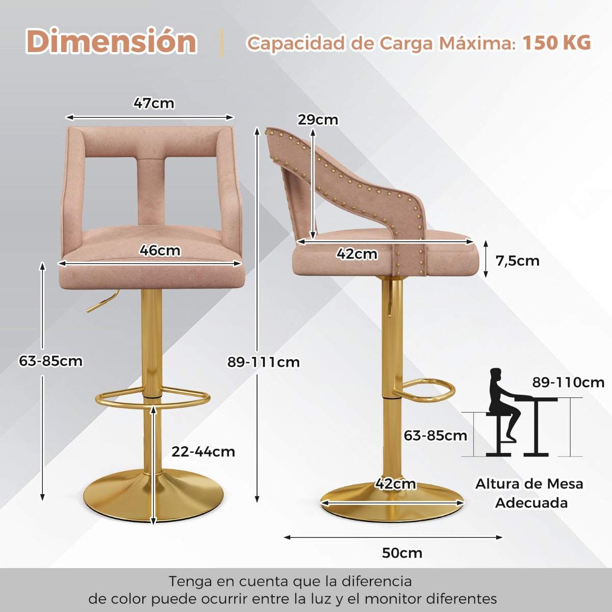 Juego de 2 Sillas de Bar Taburete Giratorio Ajustable con Reposapiés Base de Metal Silla de Comedor de Terciopelo Holandés para Bar Rosa