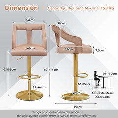 Juego de 2 Sillas de Bar Taburete Giratorio Ajustable con Reposapiés Base de Metal Silla de Comedor de Terciopelo Holandés para Bar Rosa
