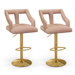 Juego de 2 Sillas de Bar Taburete Giratorio Ajustable con Reposapiés Base de Metal Silla de Comedor de Terciopelo Holandés para Bar Rosa