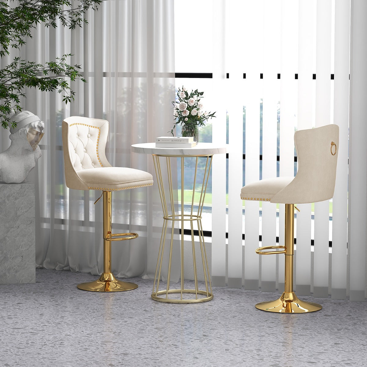 Juego de 2 Sillas de Bar Taburete de Bar de Terciopelo Holandés con Reposapiés Base de Metal Silla Giratoria Ajustable para Cocina Blanco