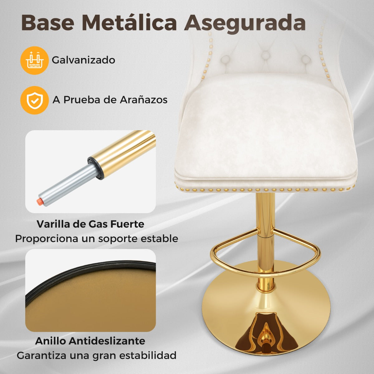 Juego de 2 Sillas de Bar Taburete de Bar de Terciopelo Holandés con Reposapiés Base de Metal Silla Giratoria Ajustable para Cocina Blanco