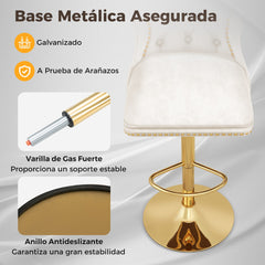 Juego de 2 Sillas de Bar Taburete de Bar de Terciopelo Holandés con Reposapiés Base de Metal Silla Giratoria Ajustable para Cocina Blanco