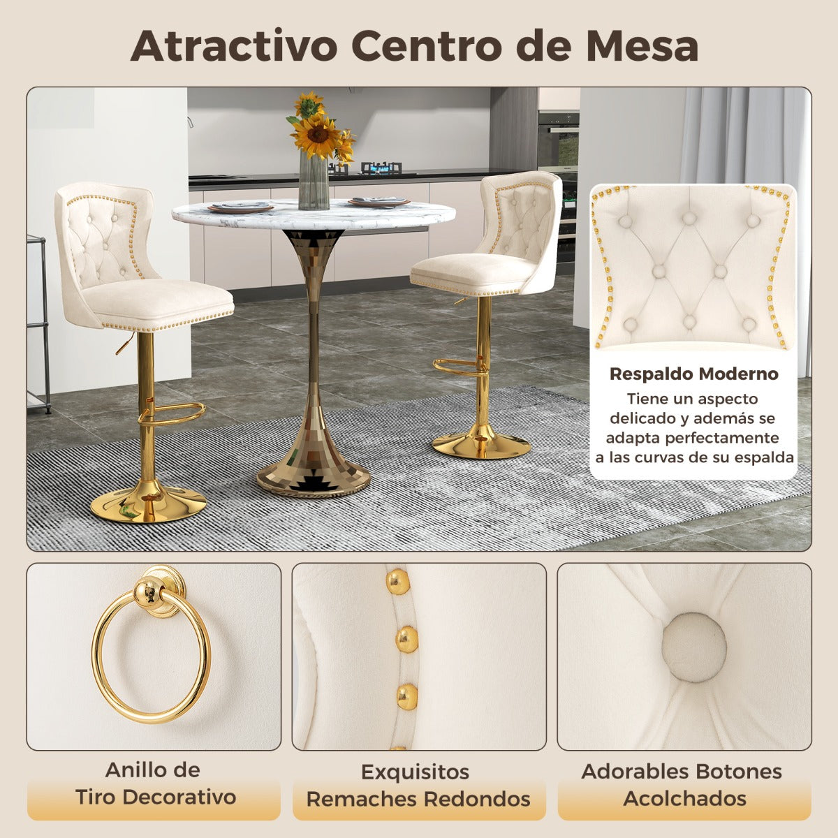 Juego de 2 Sillas de Bar Taburete de Bar de Terciopelo Holandés con Reposapiés Base de Metal Silla Giratoria Ajustable para Cocina Blanco