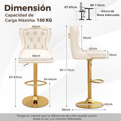 Juego de 2 Sillas de Bar Taburete de Bar de Terciopelo Holandés con Reposapiés Base de Metal Silla Giratoria Ajustable para Cocina Blanco