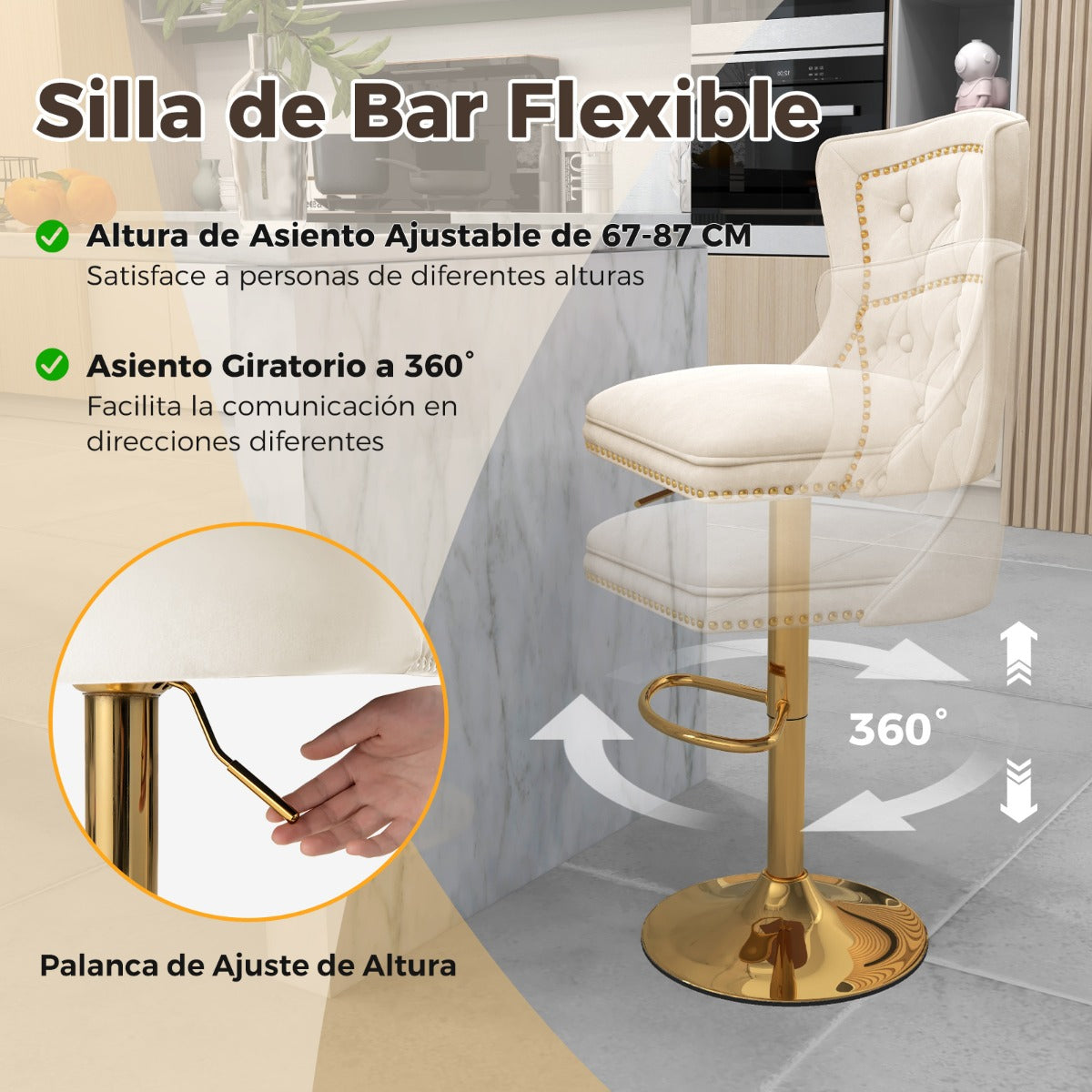 Juego de 2 Sillas de Bar Taburete de Bar de Terciopelo Holandés con Reposapiés Base de Metal Silla Giratoria Ajustable para Cocina Blanco