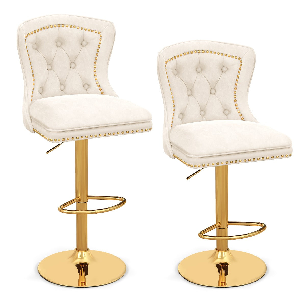 Juego de 2 Sillas de Bar Taburete de Bar de Terciopelo Holandés con Reposapiés Base de Metal Silla Giratoria Ajustable para Cocina Blanco