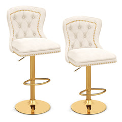 Juego de 2 Sillas de Bar Taburete de Bar de Terciopelo Holandés con Reposapiés Base de Metal Silla Giratoria Ajustable para Cocina Blanco
