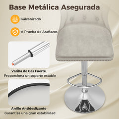Juego de 2 Sillas de Bar Taburete de Bar de Terciopelo Holandés con Reposapiés Base de Metal Silla Giratoria Ajustable para Cocina Gris