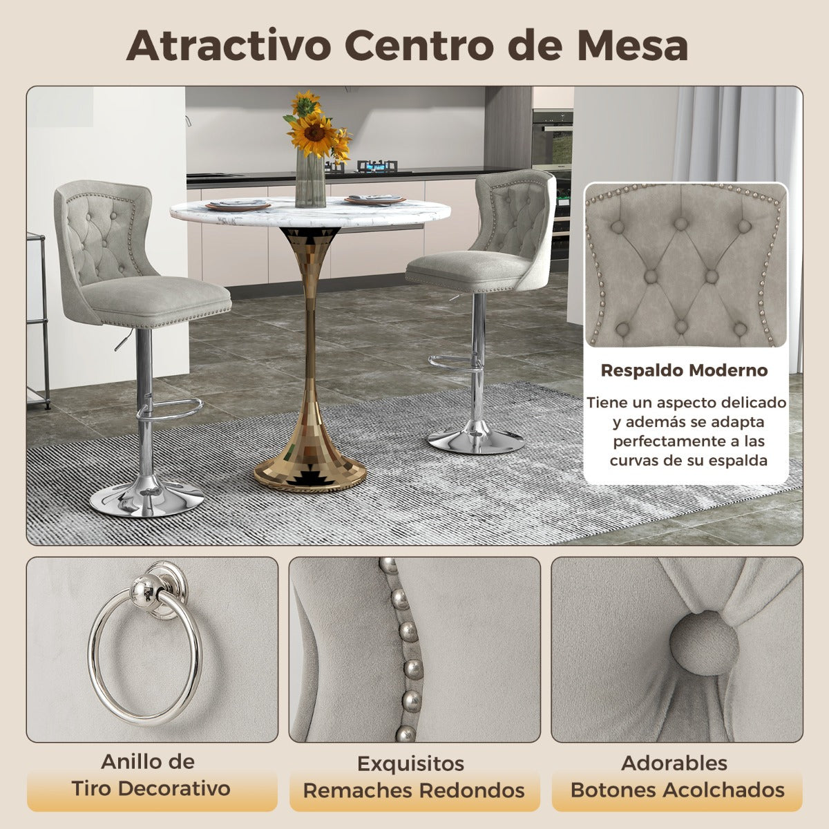 Juego de 2 Sillas de Bar Taburete de Bar de Terciopelo Holandés con Reposapiés Base de Metal Silla Giratoria Ajustable para Cocina Gris