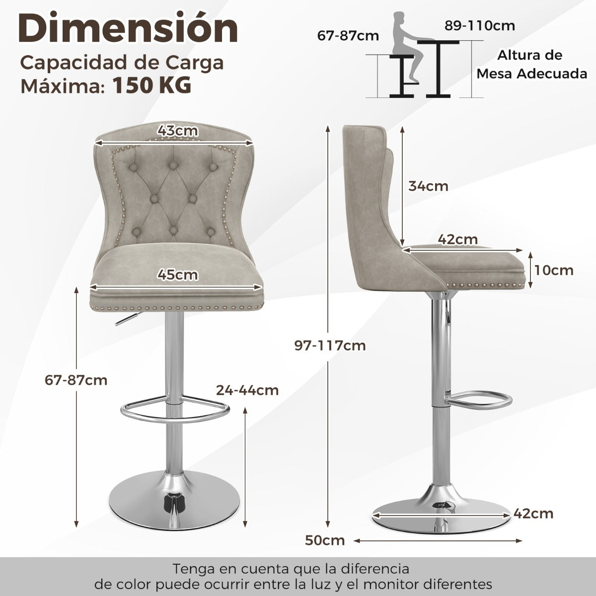 Juego de 2 Sillas de Bar Taburete de Bar de Terciopelo Holandés con Reposapiés Base de Metal Silla Giratoria Ajustable para Cocina Gris