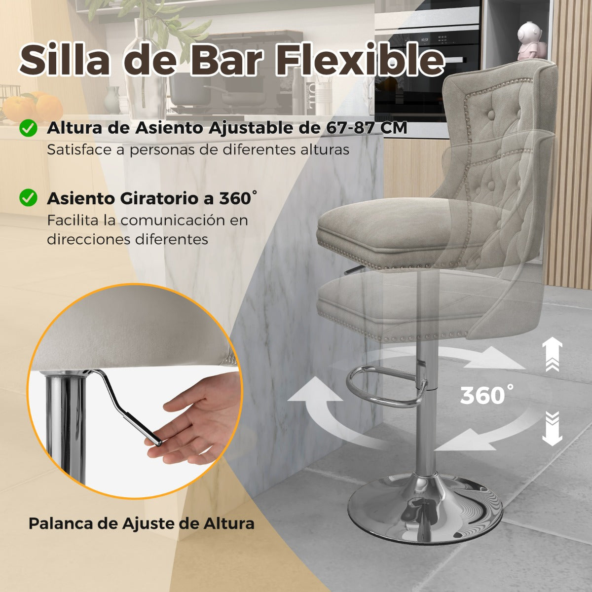 Juego de 2 Sillas de Bar Taburete de Bar de Terciopelo Holandés con Reposapiés Base de Metal Silla Giratoria Ajustable para Cocina Gris