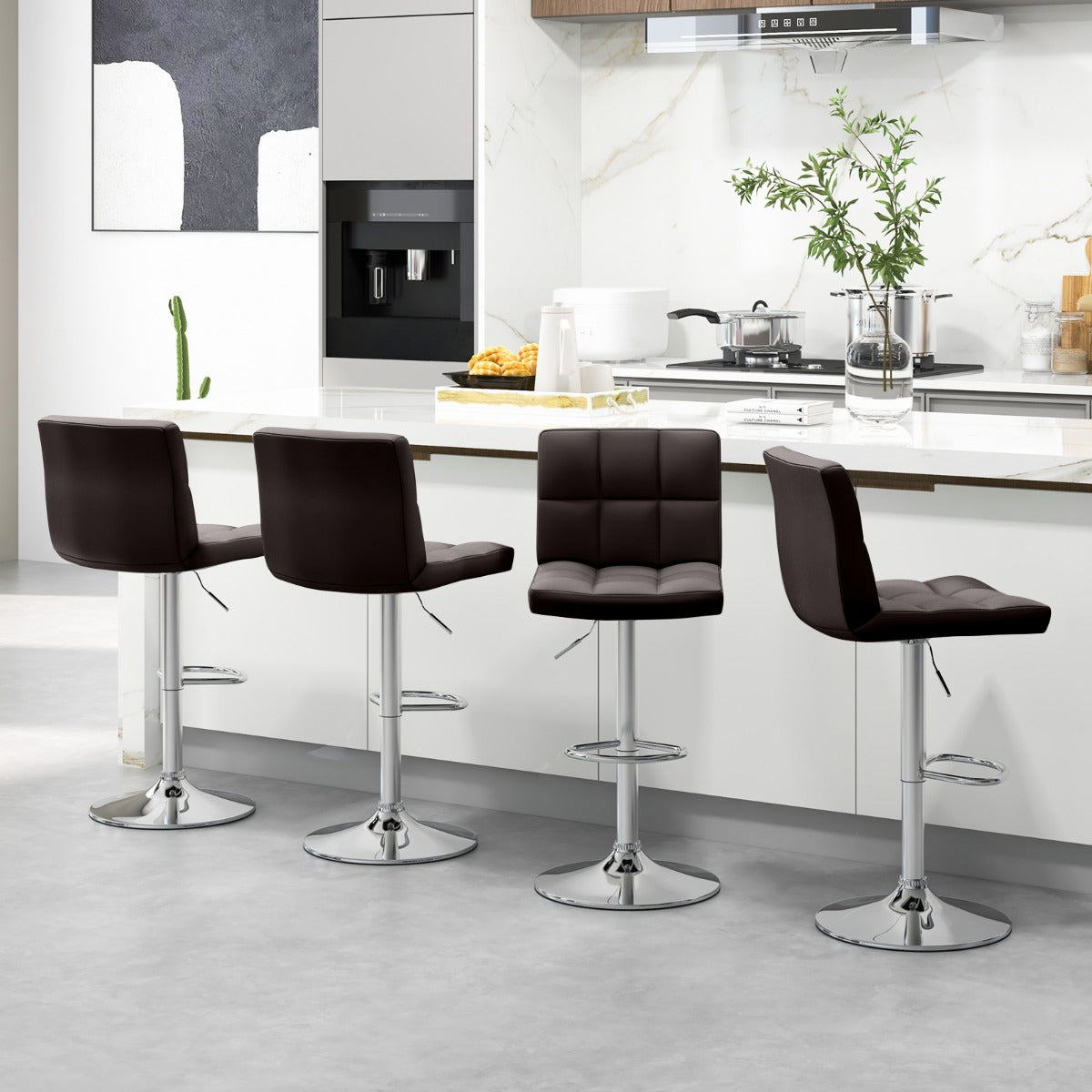 Juego de 2 Taburetes de Piel Sintética con Altura Ajustable Asiento Giratorio de 360° Reposapiés y Base Metálica Silla de Comedor Marrón