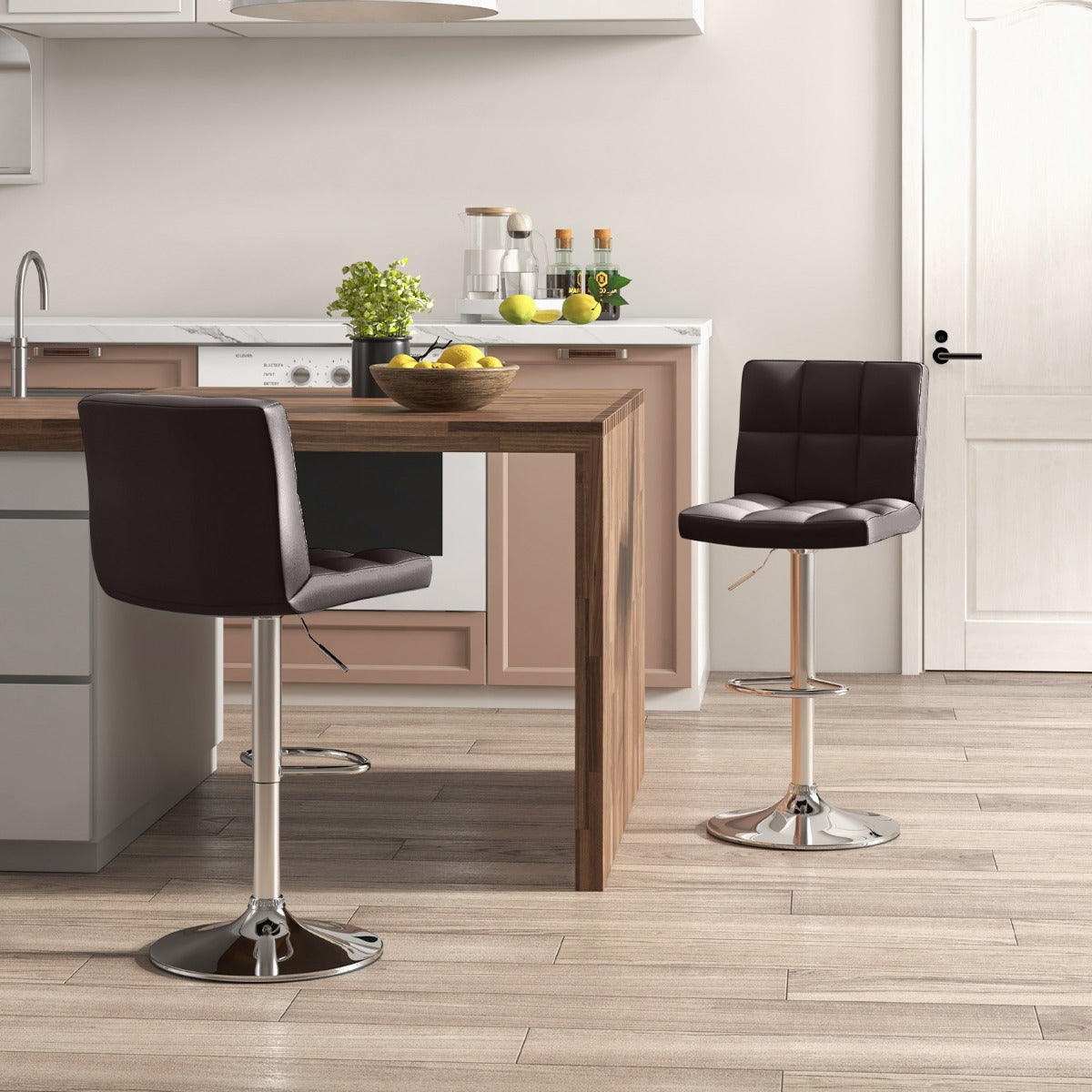 Juego de 2 Taburetes de Piel Sintética con Altura Ajustable Asiento Giratorio de 360° Reposapiés y Base Metálica Silla de Comedor Marrón
