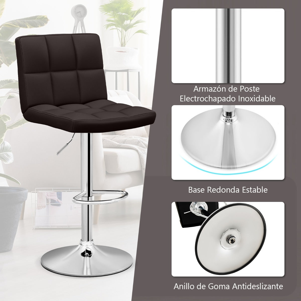 Juego de 2 Taburetes de Piel Sintética con Altura Ajustable Asiento Giratorio de 360° Reposapiés y Base Metálica Silla de Comedor Marrón