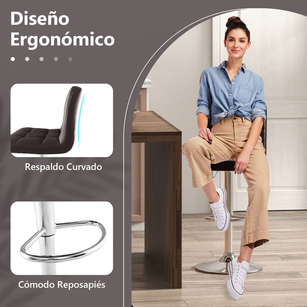 Juego de 2 Taburetes de Piel Sintética con Altura Ajustable Asiento Giratorio de 360° Reposapiés y Base Metálica Silla de Comedor Marrón