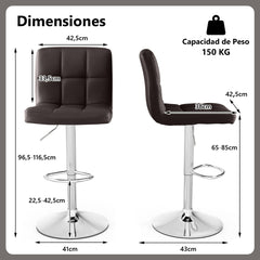 Juego de 2 Taburetes de Piel Sintética con Altura Ajustable Asiento Giratorio de 360° Reposapiés y Base Metálica Silla de Comedor Marrón