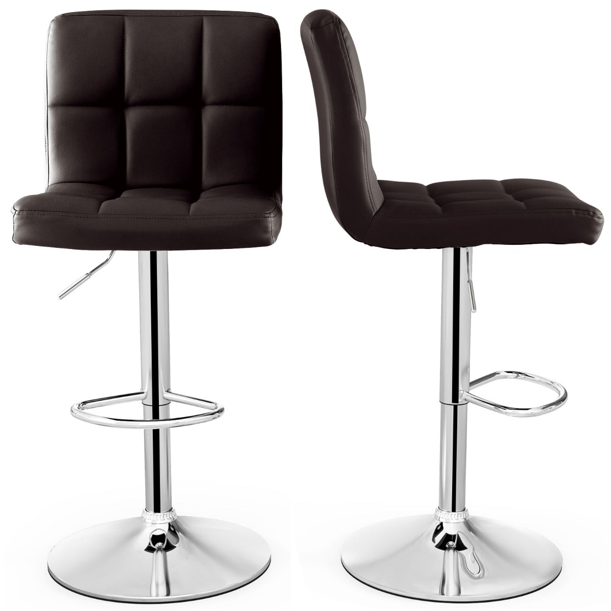 Juego de 2 Taburetes de Piel Sintética con Altura Ajustable Asiento Giratorio de 360° Reposapiés y Base Metálica Silla de Comedor Marrón