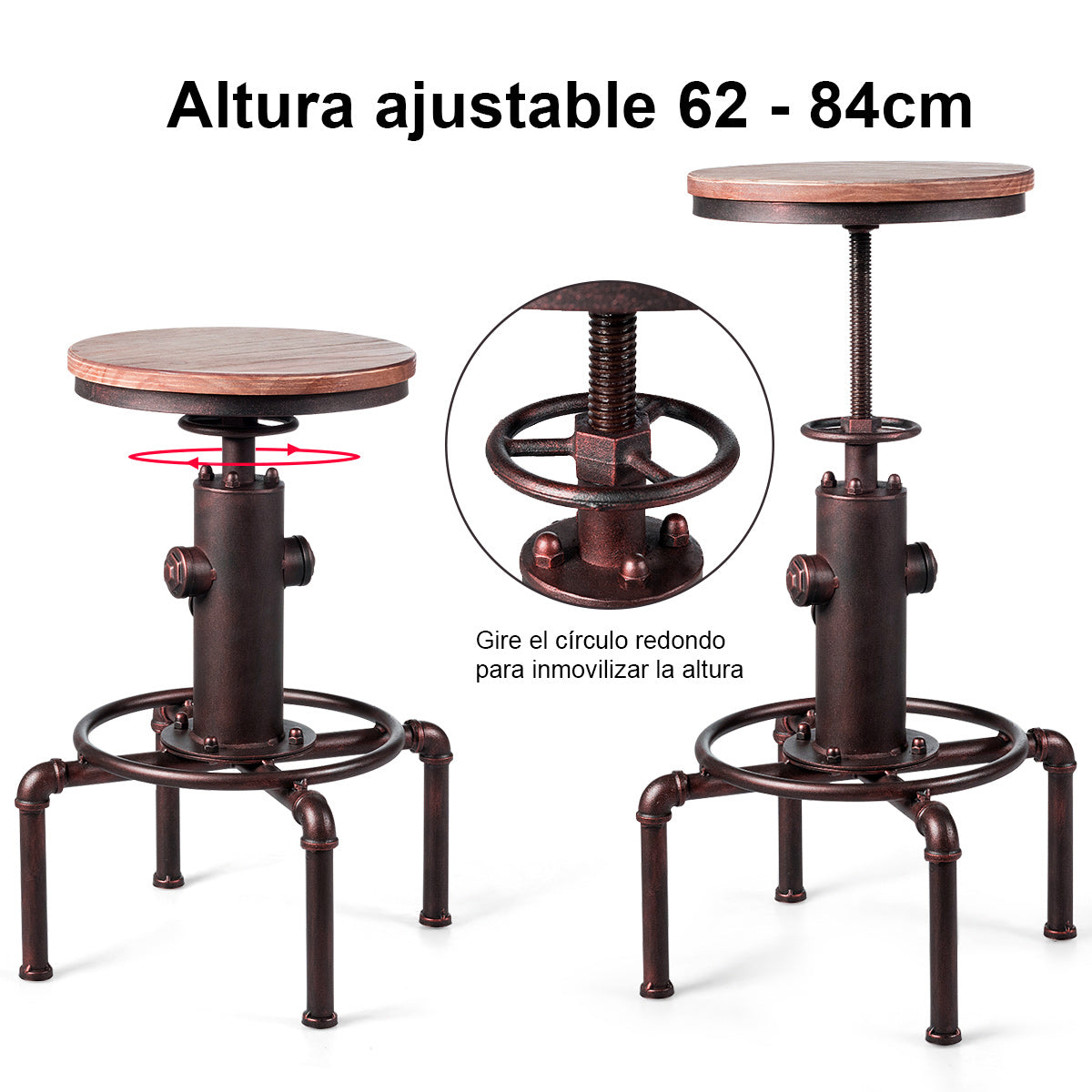 Taburete de Bar Estilo Industrial Vintage Altura Ajustable 59,5-75cm con Reposapiés Silla de Comedor para Pub Bar Restaurante