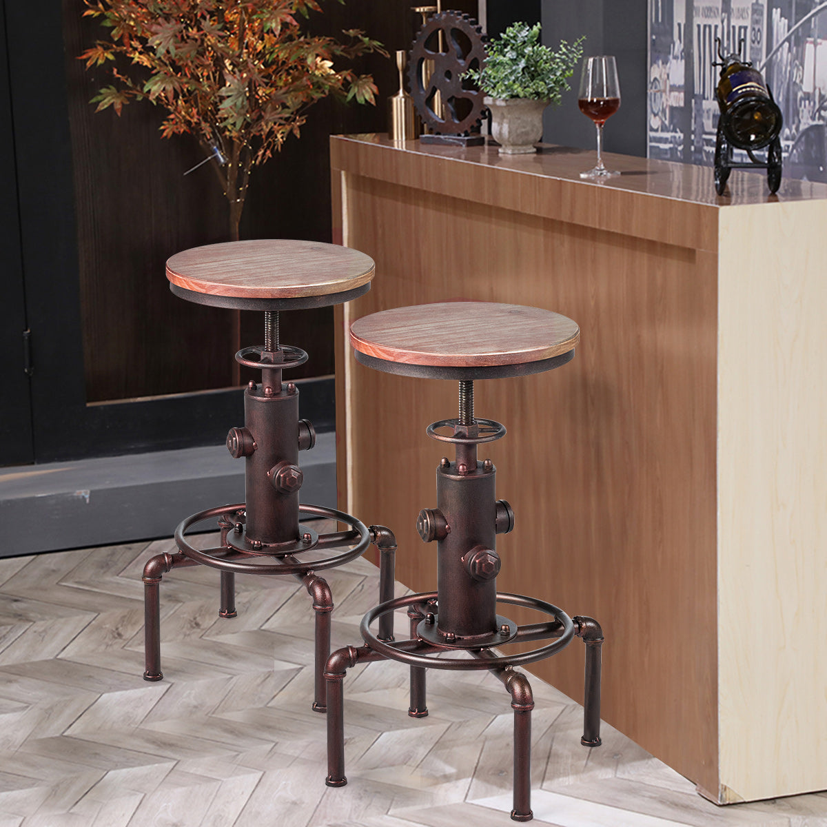 Taburete de Bar Estilo Industrial Vintage Altura Ajustable 59,5-75cm con Reposapiés Silla de Comedor para Pub Bar Restaurante