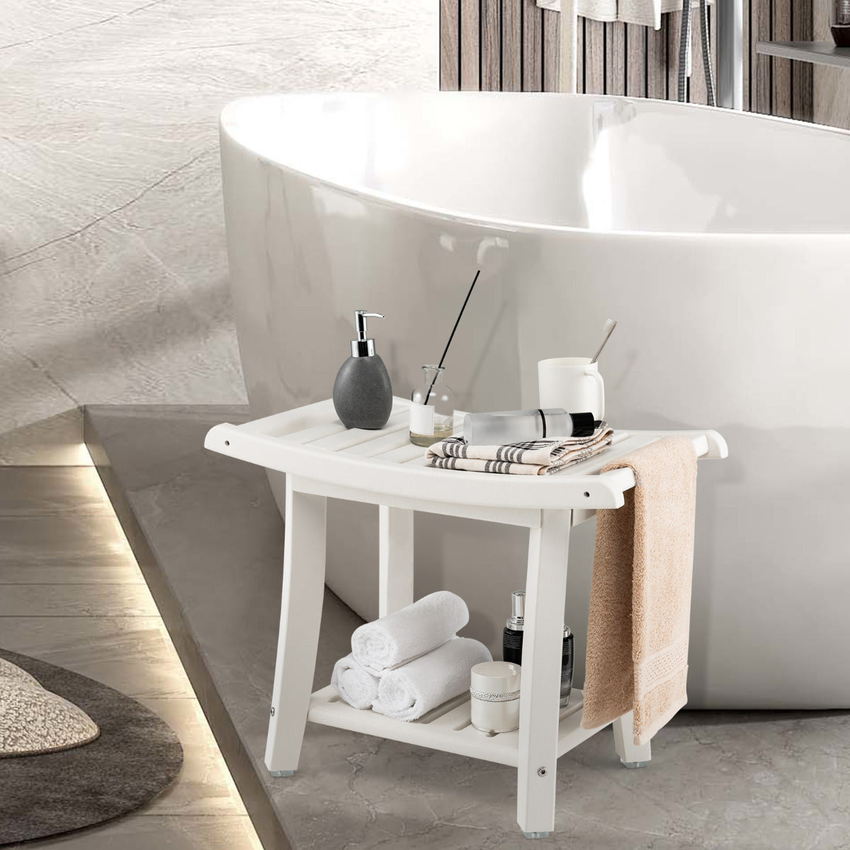 Taburete de Ducha Curvo HDPE Banco de Baño Impermeable Estante de Almacenamiento Almohadillas Antideslizantes para Adultos Mayores Blanco