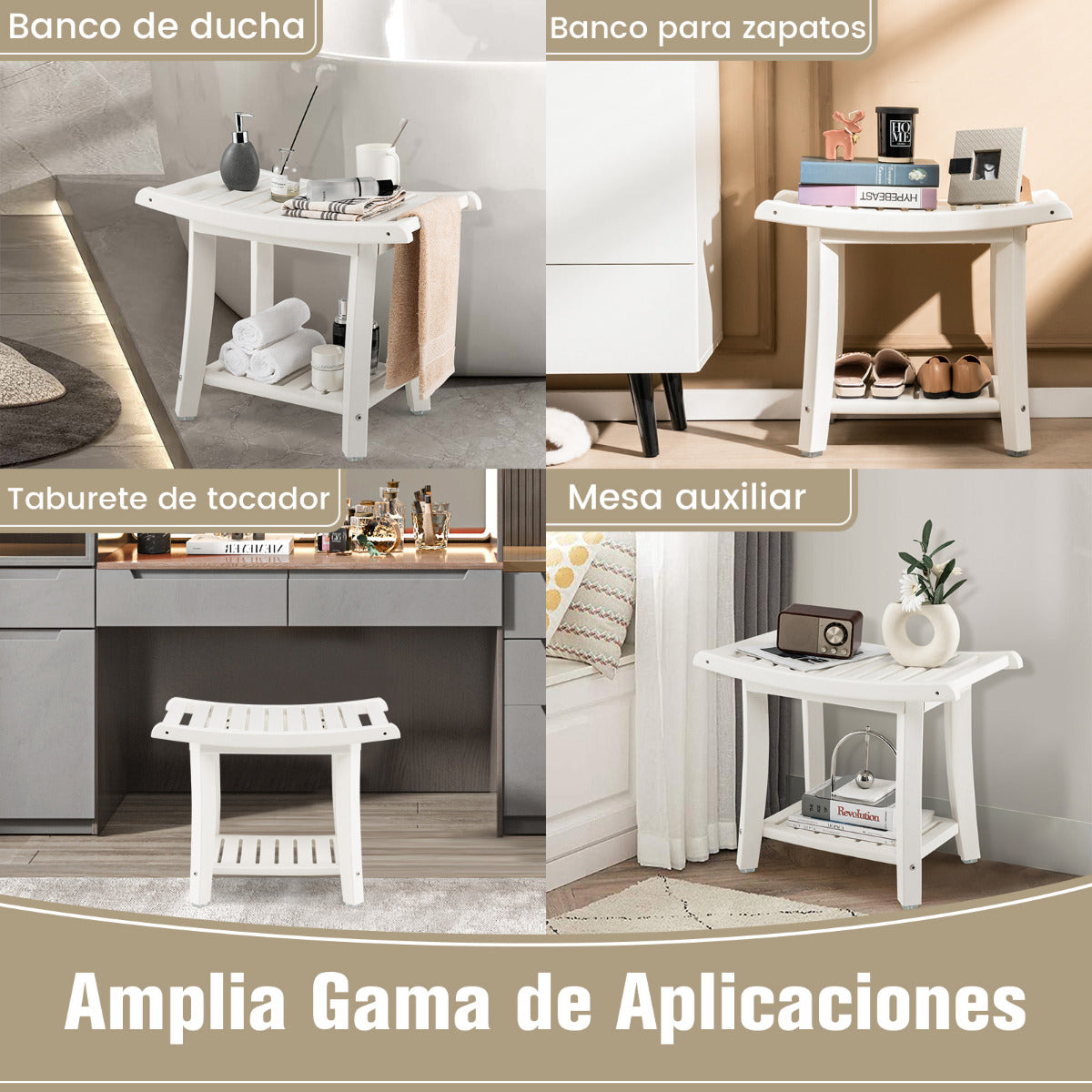 Taburete de Ducha Curvo HDPE Banco de Baño Impermeable Estante de Almacenamiento Almohadillas Antideslizantes para Adultos Mayores Blanco
