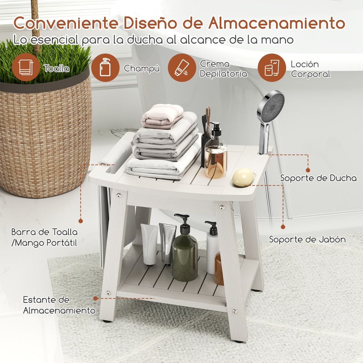 Taburete de Ducha de HIPS con Asa Impermeable con Estante Inferior para Baño 41 x 31,5 x 43,5 cm Blanco