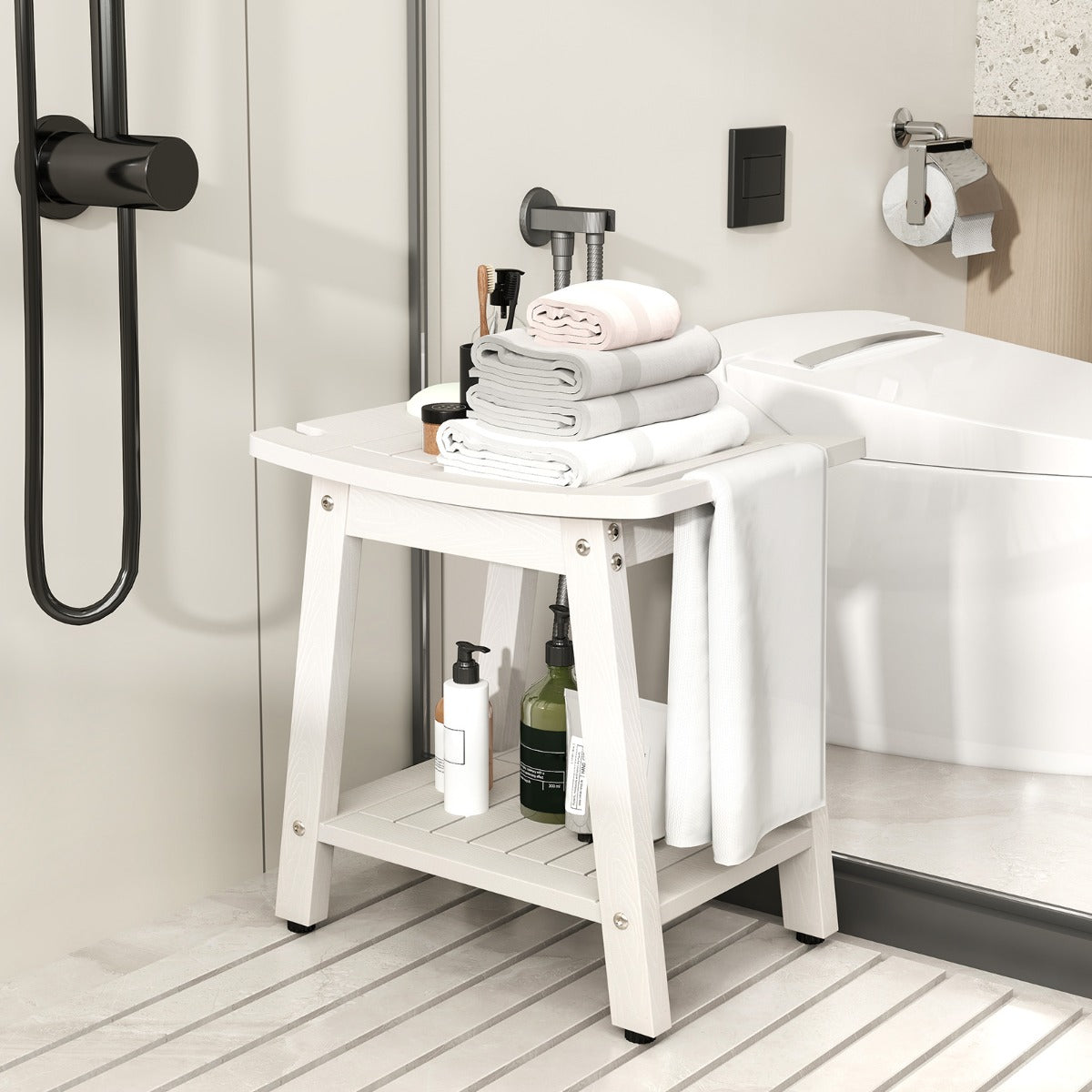 Taburete de Ducha de HIPS con Asa Impermeable con Estante Inferior para Baño 41 x 31,5 x 43,5 cm Blanco