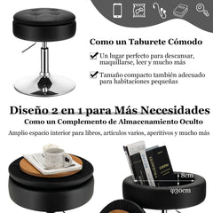 Taburete de Tocador Giratorio con Almacenamiento Sillón de Maquillaje Cuero PU Altura Ajustable Tapa Abatible para Salón Dormitorio Negro