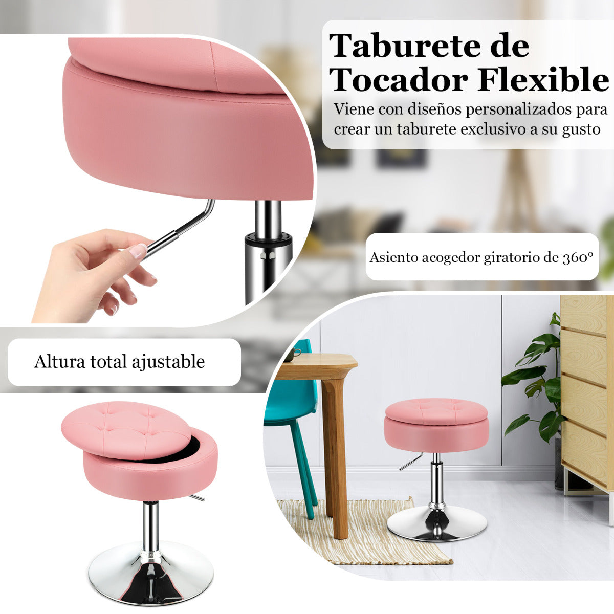Taburete de Tocador Giratorio con Almacenamiento Sillón de Maquillaje Cuero PU Altura Ajustable Tapa Abatible para Salón Dormitorio Rosa