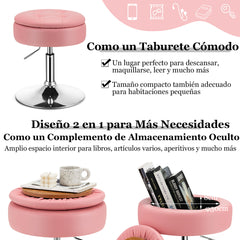 Taburete de Tocador Giratorio con Almacenamiento Sillón de Maquillaje Cuero PU Altura Ajustable Tapa Abatible para Salón Dormitorio Rosa