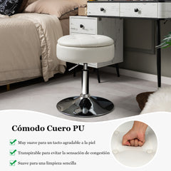 Taburete de Tocador Giratorio con Almacenamiento Sillón de Maquillaje Cuero PU Altura Ajustable Tapa Abatible para Salón Dormitorio Blanco