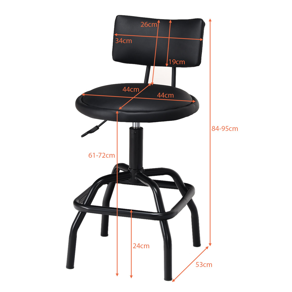 Taburete Giratorio de Bar Silla de Bar Acolchado en Piel PU Altura Regulable para Cocina Comedor Salón Barra 53 x 53 x 84-95 cm Negro