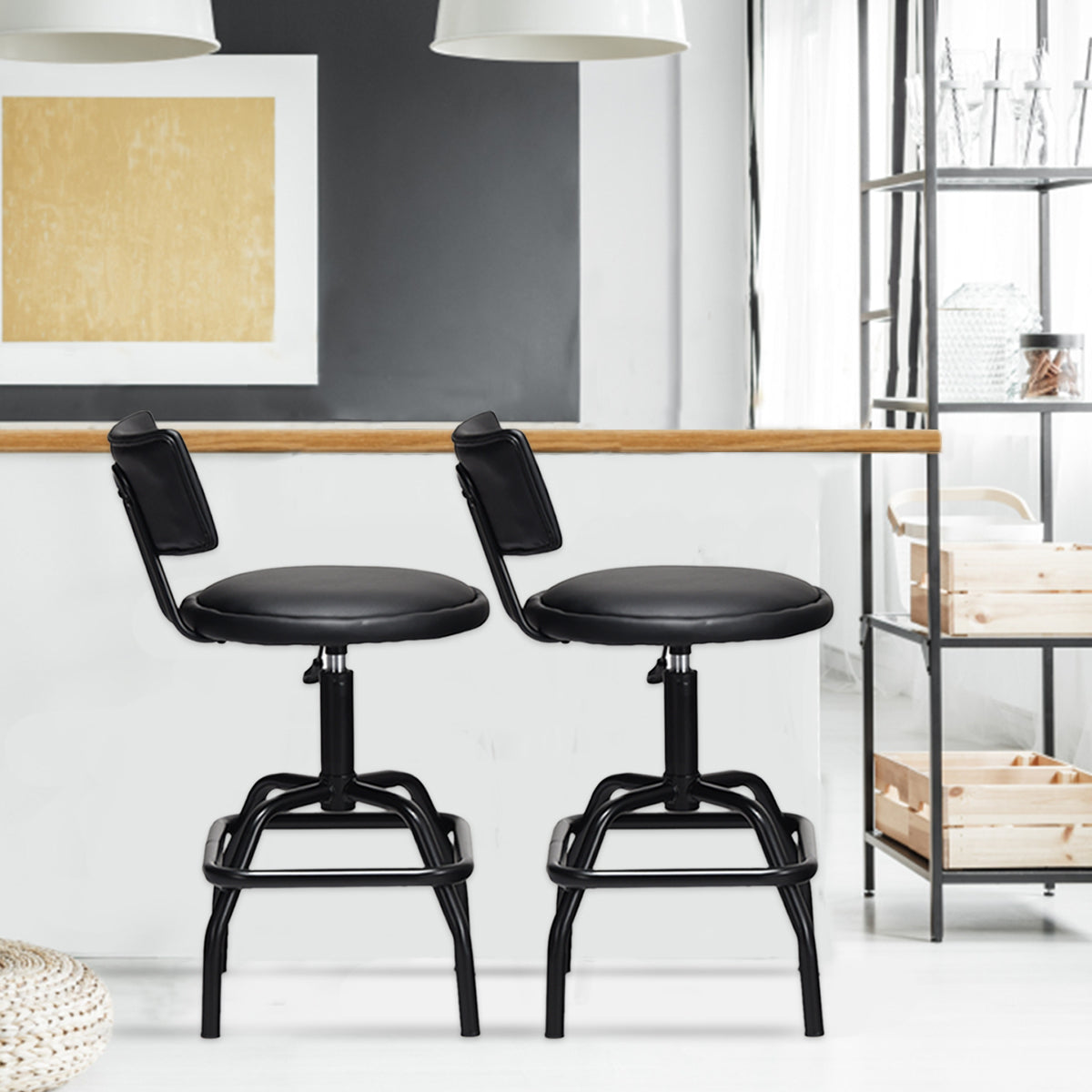 Taburete Giratorio de Bar Silla de Bar Acolchado en Piel PU Altura Regulable para Cocina Comedor Salón Barra 53 x 53 x 84-95 cm Negro