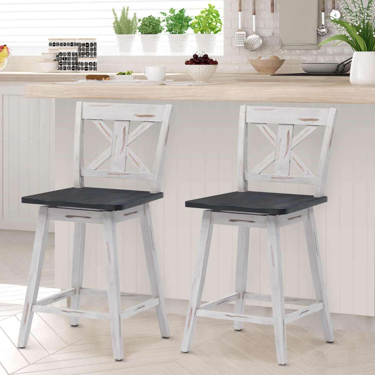Set de 2 Taburetes de Bar Sillas de Bar Vintage con Asiento Giratorio a 360° Taburete para Barra Restaurante Comedor Pub 50 x 47 x 97 cm Blanco