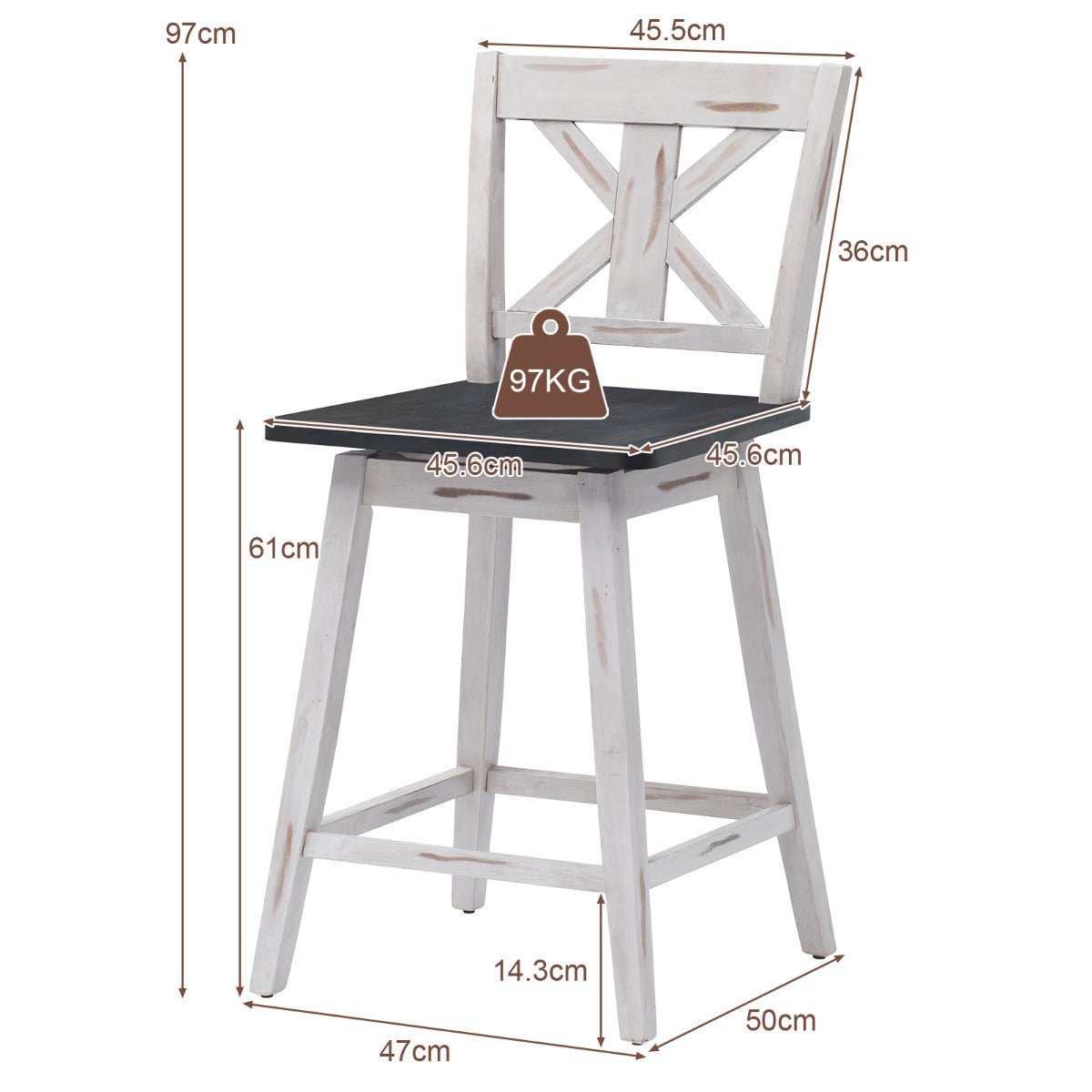Set de 2 Taburetes de Bar Sillas de Bar Vintage con Asiento Giratorio a 360° Taburete para Barra Restaurante Comedor Pub 50 x 47 x 97 cm Blanco