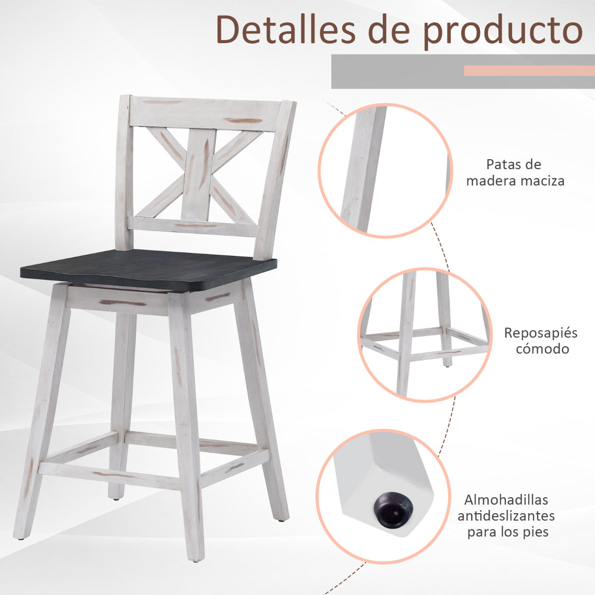 Set de 2 Taburetes de Bar Sillas de Bar Vintage con Asiento Giratorio a 360° Taburete para Barra Restaurante Comedor Pub 50 x 47 x 97 cm Blanco