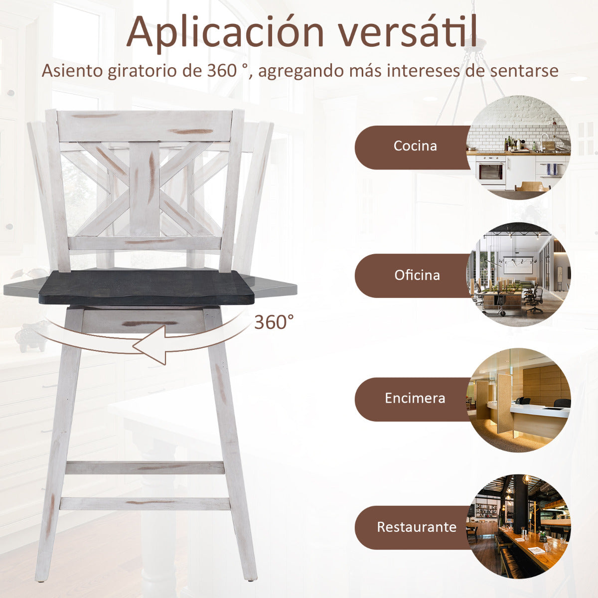 Set de 2 Taburetes de Bar Sillas de Bar Vintage con Asiento Giratorio a 360° Taburete para Barra Restaurante Comedor Pub 50 x 47 x 97 cm Blanco