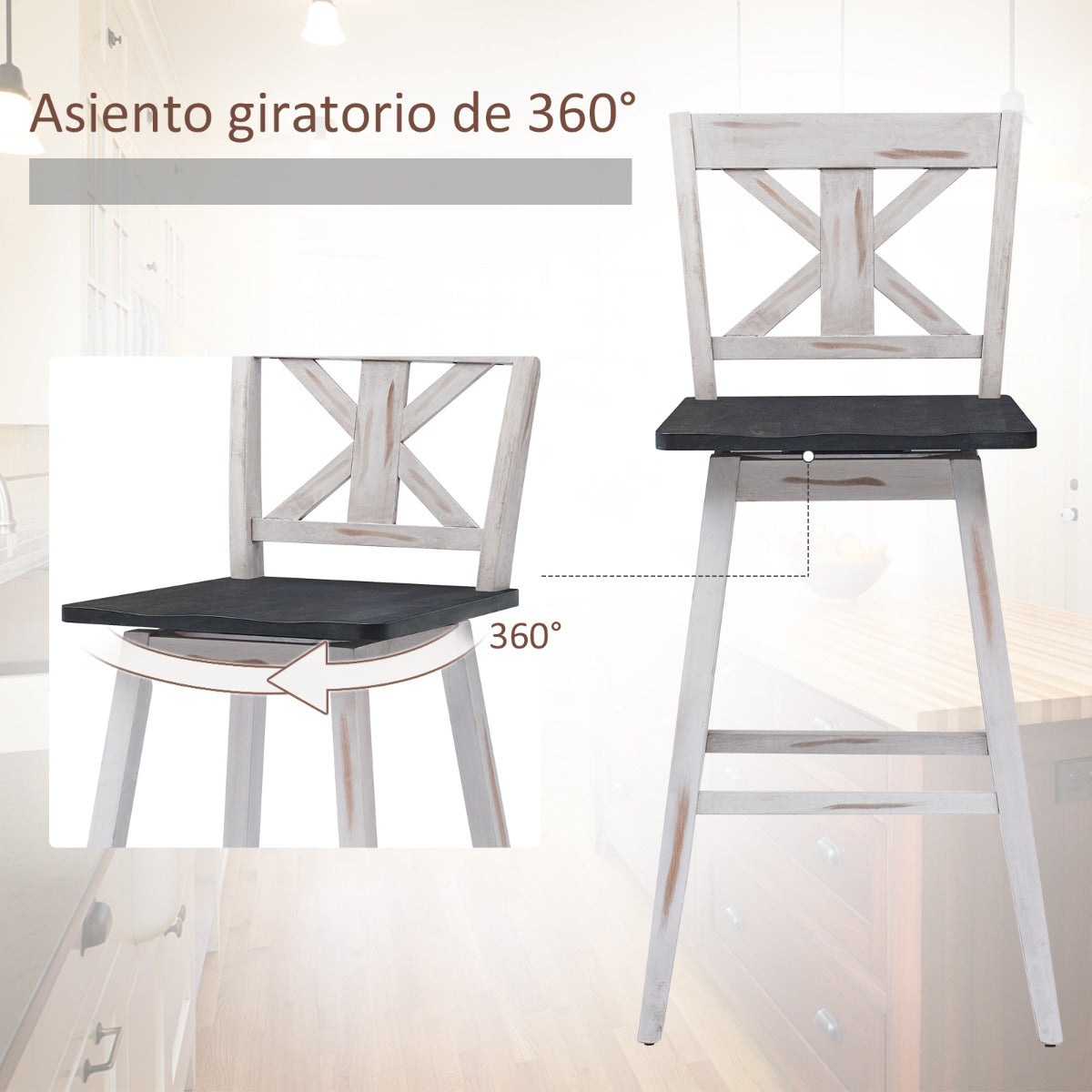 Set de 2 Taburetes de Bar Sillas de Bar Vintage con Asiento Giratorio a 360° Taburete para Barra Restaurante Comedor Pub 51 x 51 x 109 cm Blanco