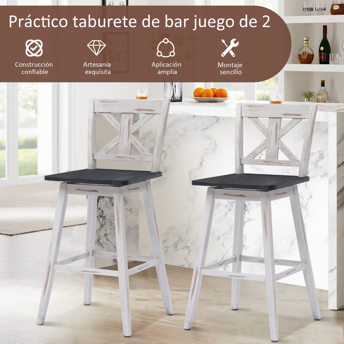 Set de 2 Taburetes de Bar Sillas de Bar Vintage con Asiento Giratorio a 360° Taburete para Barra Restaurante Comedor Pub 51 x 51 x 109 cm Blanco