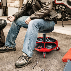Taburete Mecánico Neumático Rodante Asiento Ajustable Acolchado Carga 150 kg Bandeja de Herramientas Garaje Taller Reparación de Automóvil