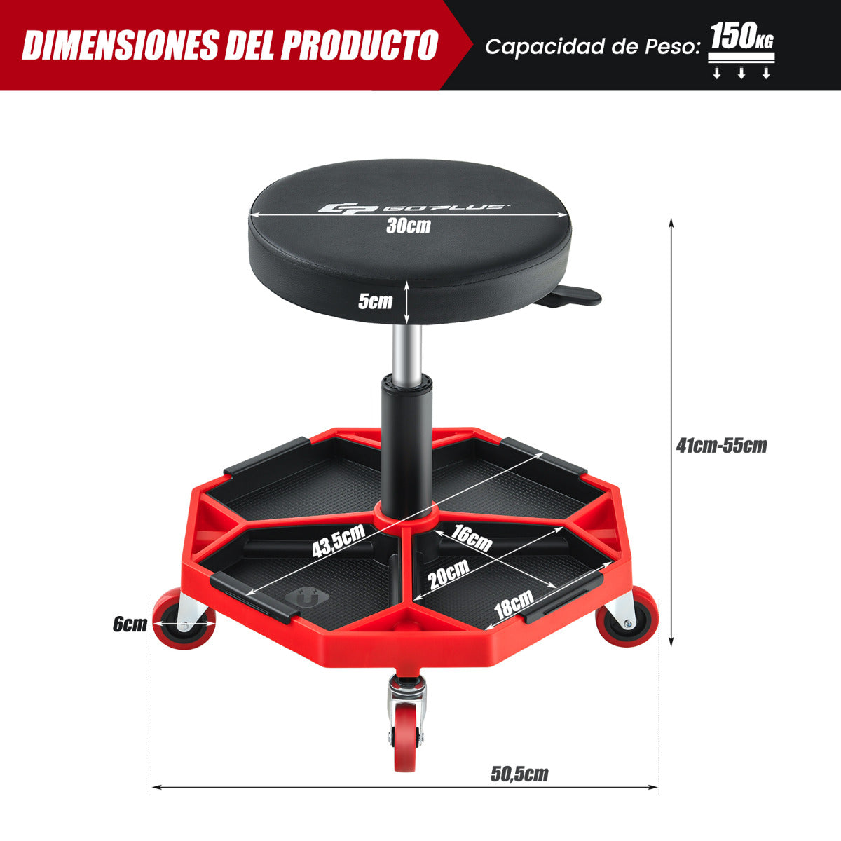 Taburete Mecánico Neumático Rodante Asiento Ajustable Acolchado Carga 150 kg Bandeja de Herramientas Garaje Taller Reparación de Automóvil