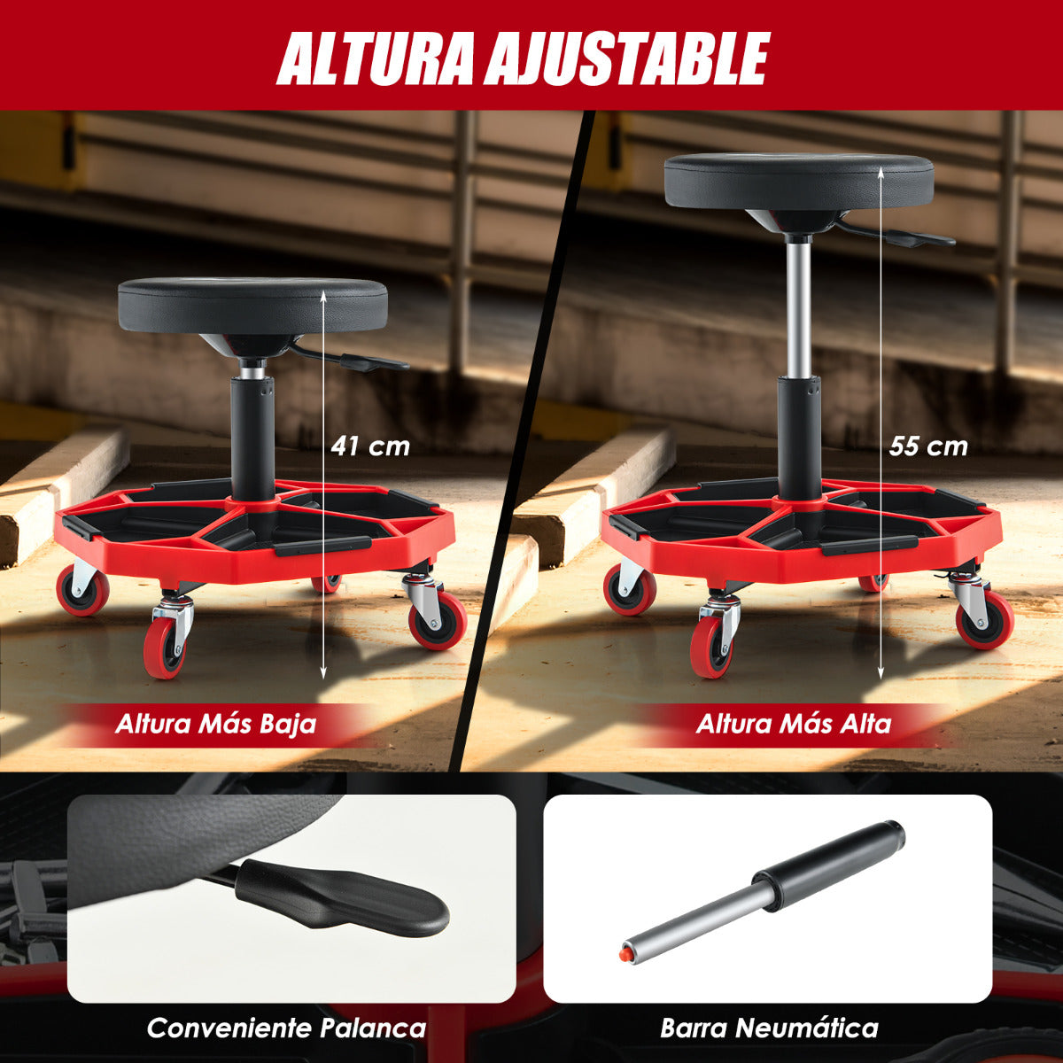 Taburete Mecánico Neumático Rodante Asiento Ajustable Acolchado Carga 150 kg Bandeja de Herramientas Garaje Taller Reparación de Automóvil