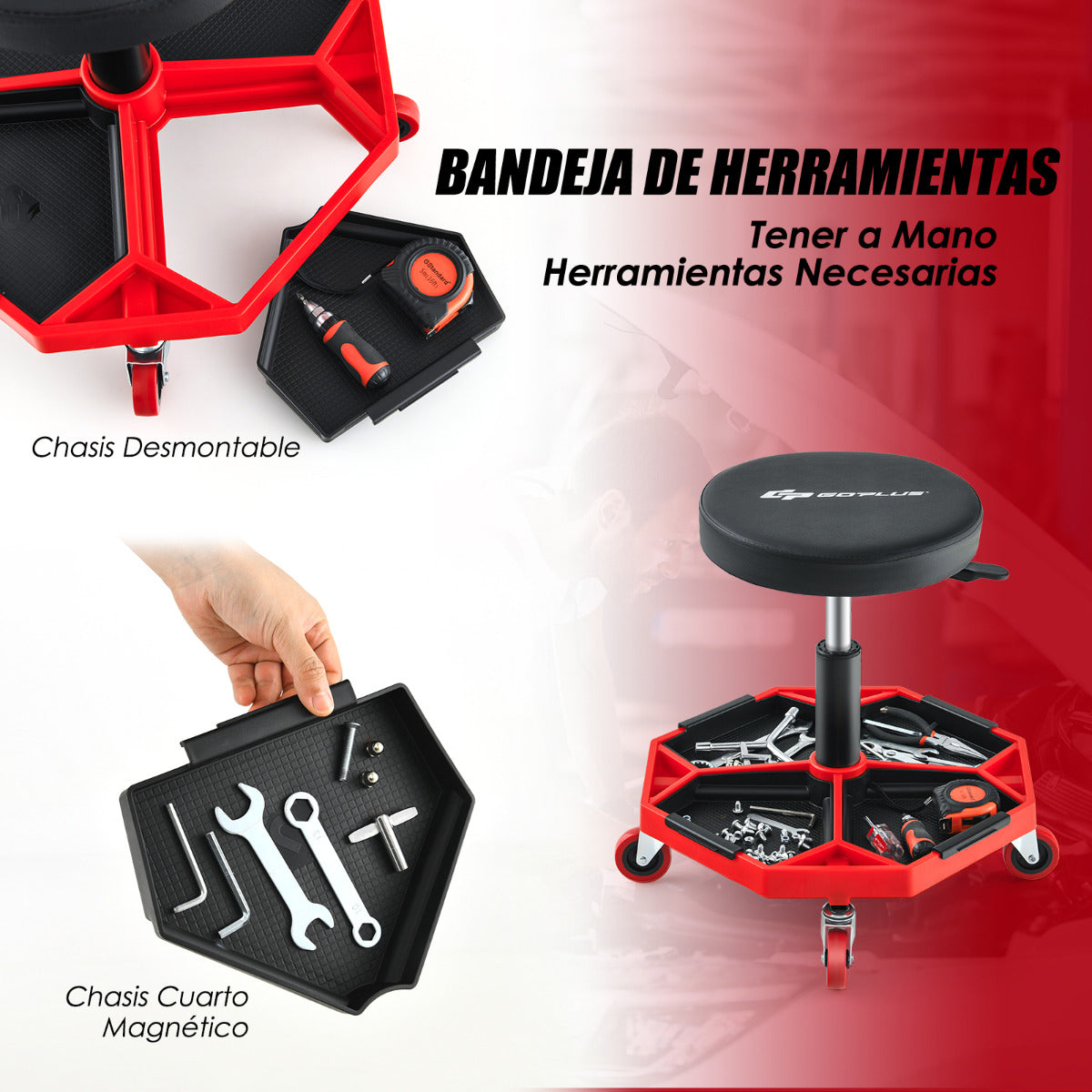Taburete Mecánico Neumático Rodante Asiento Ajustable Acolchado Carga 150 kg Bandeja de Herramientas Garaje Taller Reparación de Automóvil