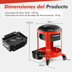 Taburete Mecánico Rodante con Asiento Acolchado Desmontable 4 Ruedas 2 Cajones Doble Soporte para Latas Bandeja de Herramienta Carga 150kg