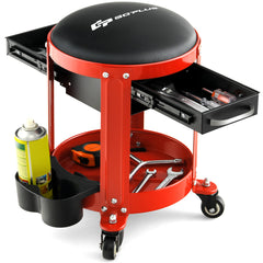 Taburete Mecánico Rodante con Asiento Acolchado Desmontable 4 Ruedas 2 Cajones Doble Soporte para Latas Bandeja de Herramienta Carga 150kg