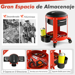 Taburete Mecánico Rodante con Asiento Acolchado Desmontable 4 Ruedas 2 Cajones Doble Soporte para Latas Bandeja de Herramienta Carga 150kg