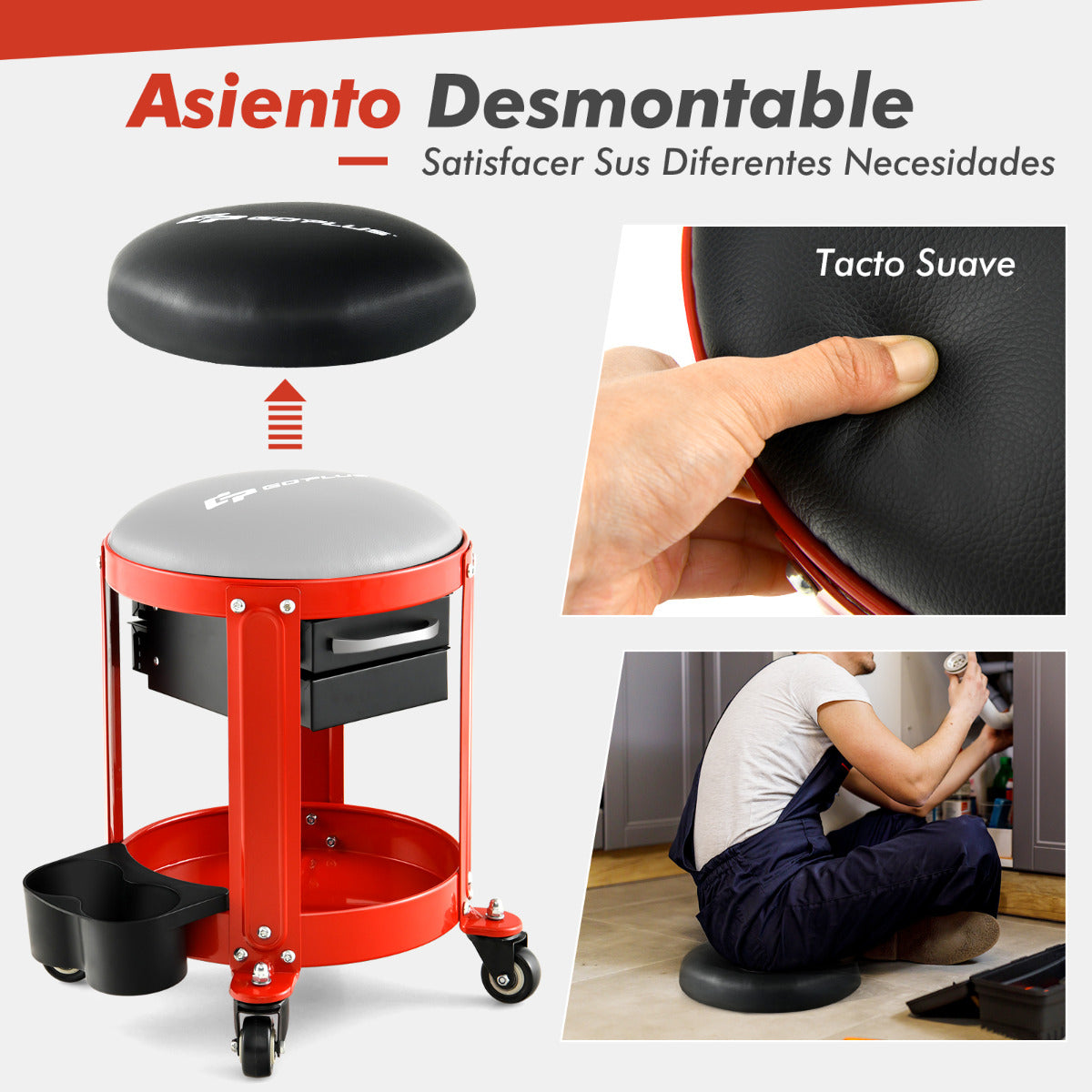 Taburete Mecánico Rodante con Asiento Acolchado Desmontable 4 Ruedas 2 Cajones Doble Soporte para Latas Bandeja de Herramienta Carga 150kg