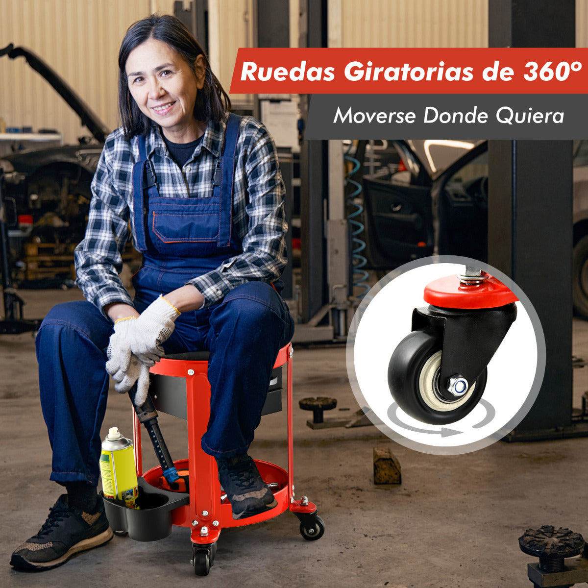 Taburete Mecánico Rodante con Asiento Acolchado Desmontable 4 Ruedas 2 Cajones Doble Soporte para Latas Bandeja de Herramienta Carga 150kg