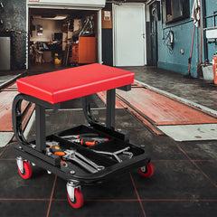 Taburete para Garaje y Taller con 4 Ruedas Universales Asiento para Herramientas Acolchado con Bandeja 38 x 37 x 36 cm Rojo y Negro